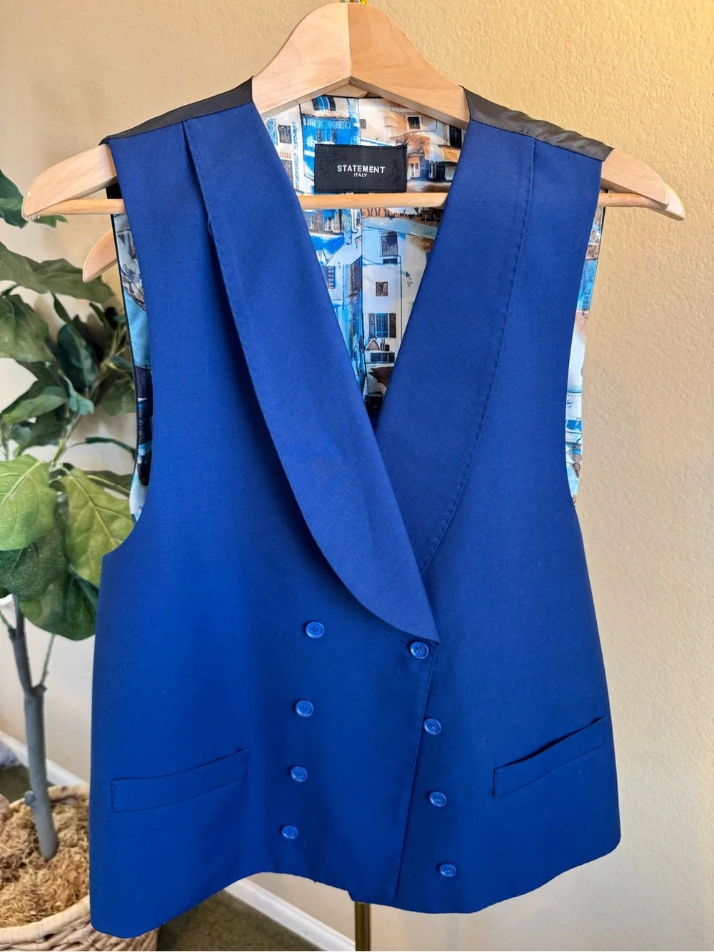 Statement Italy Mens 3‑Piece Suit - 44L Jacket/Vest, 40R Pants - Blue Check Wool